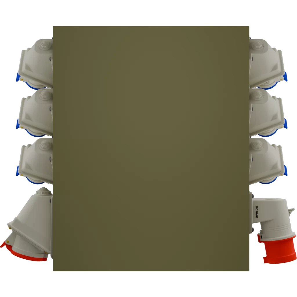 TABLERO FAENA EVENTOS 32A PROTECCIONES CHINT GENEAL DE 4X32A CON 6 SALIDAS DE 2X16A Y 1 SALIDA DE 4X32A, CON PARADA DE EMERGENCIA, ENCHUFES SCAME