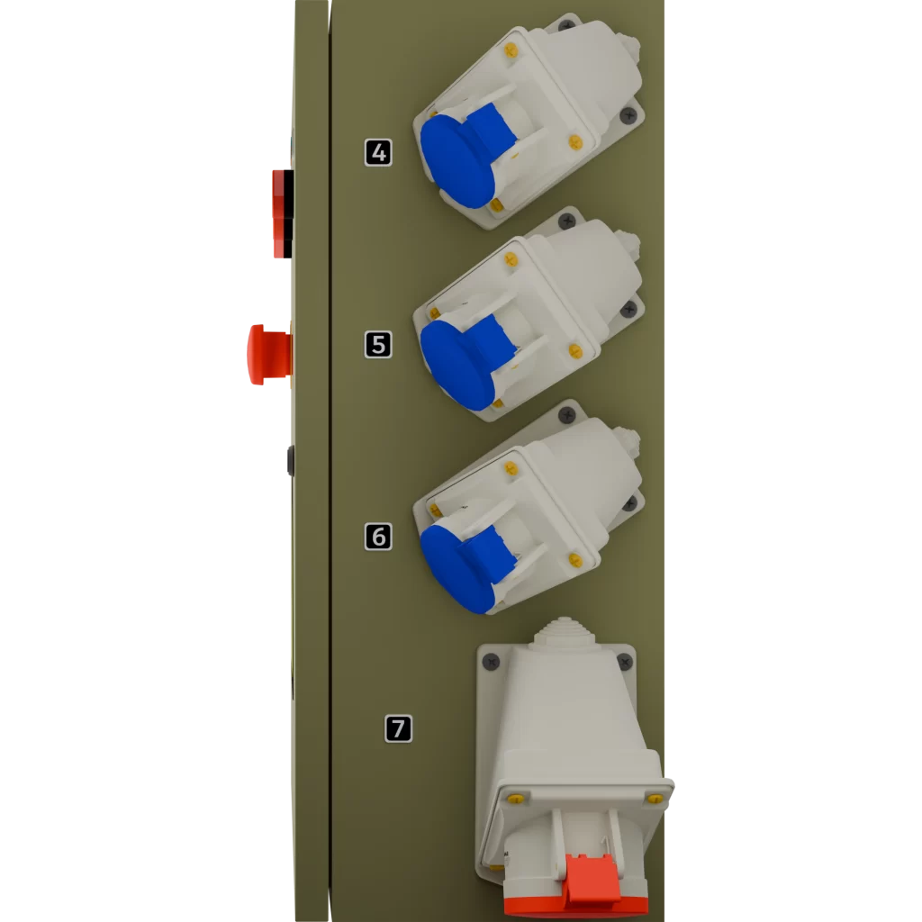 TABLERO FAENA EVENTOS 32A PROTECCIONES CHINT GENEAL DE 4X32A CON 6 SALIDAS DE 2X16A Y 1 SALIDA DE 4X32A, CON PARADA DE EMERGENCIA, ENCHUFES SCAME