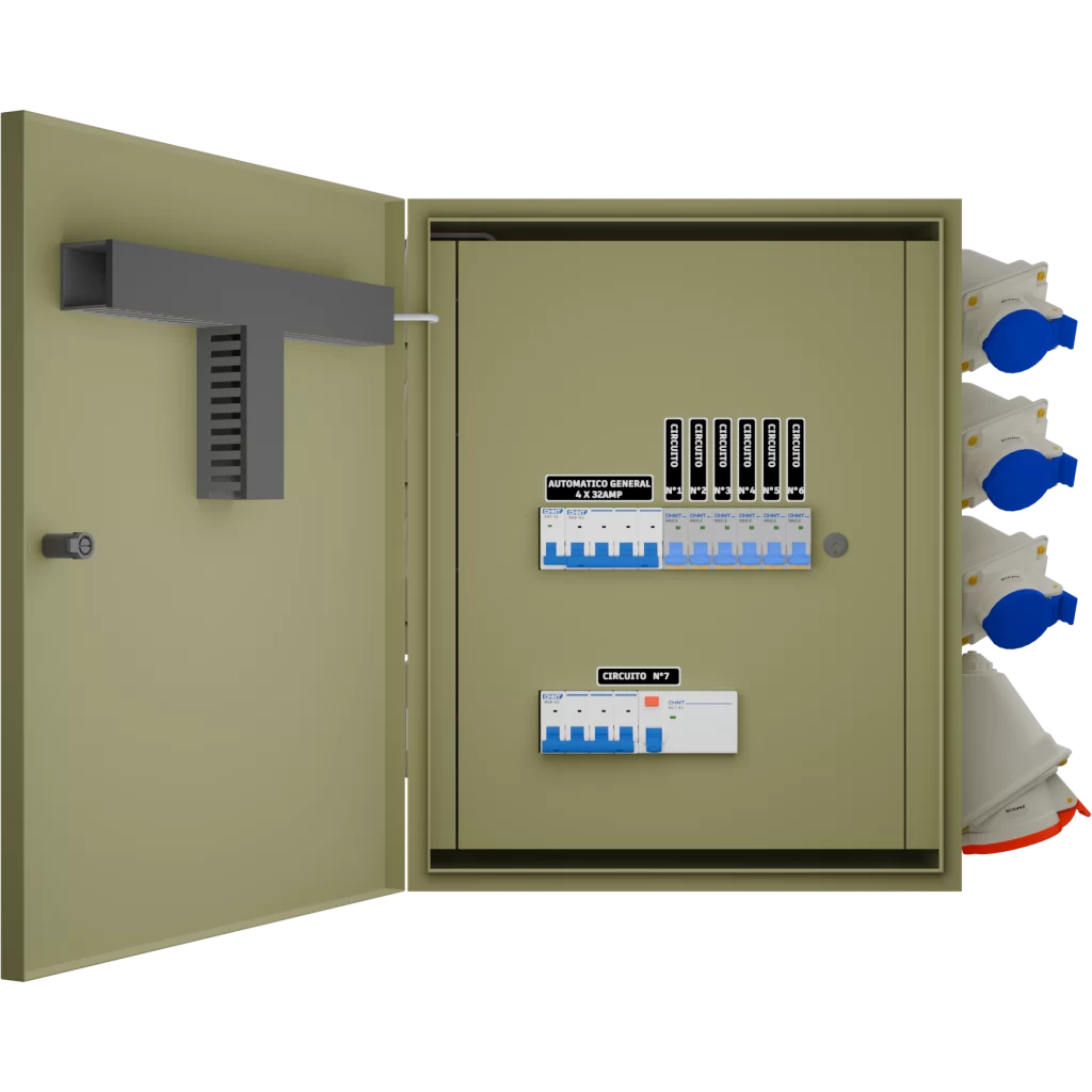 TABLERO FAENA EVENTOS 32A PROTECCIONES CHINT GENEAL DE 4X32A CON 6 SALIDAS DE 2X16A Y 1 SALIDA DE 4X32A, CON PARADA DE EMERGENCIA, ENCHUFES SCAME