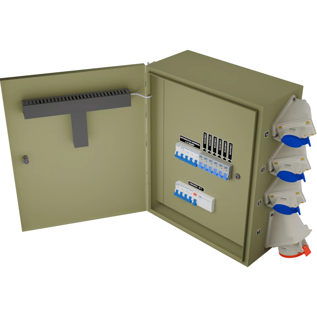 TABLERO FAENA EVENTOS 32A PROTECCIONES CHINT GENEAL DE 4X32A CON 6 SALIDAS DE 2X16A Y 1 SALIDA DE 4X32A, CON PARADA DE EMERGENCIA, ENCHUFES SCAME