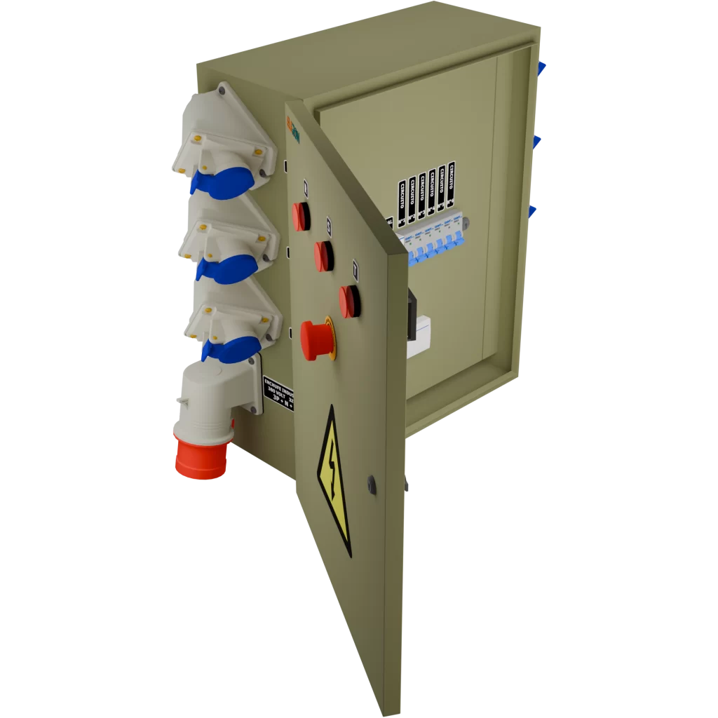 TABLERO FAENA EVENTOS 32A PROTECCIONES CHINT GENEAL DE 4X32A CON 6 SALIDAS DE 2X16A Y 1 SALIDA DE 4X32A, CON PARADA DE EMERGENCIA, ENCHUFES SCAME