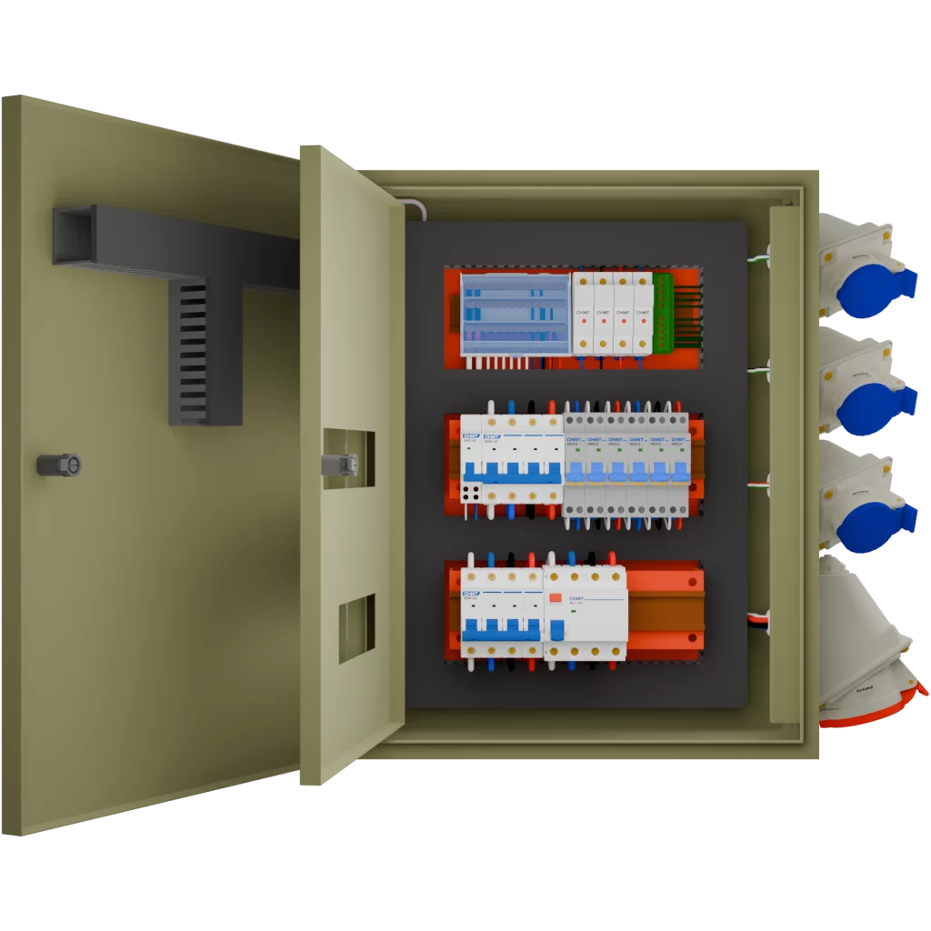 TABLERO FAENA EVENTOS 32A PROTECCIONES CHINT GENEAL DE 4X32A CON 6 SALIDAS DE 2X16A Y 1 SALIDA DE 4X32A, CON PARADA DE EMERGENCIA, ENCHUFES SCAME