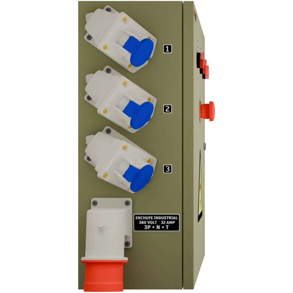 TABLERO FAENA EVENTOS 32A PROTECCIONES CHINT GENEAL DE 4X32A CON 6 SALIDAS DE 2X16A Y 1 SALIDA DE 4X32A, CON PARADA DE EMERGENCIA, ENCHUFES SCAME